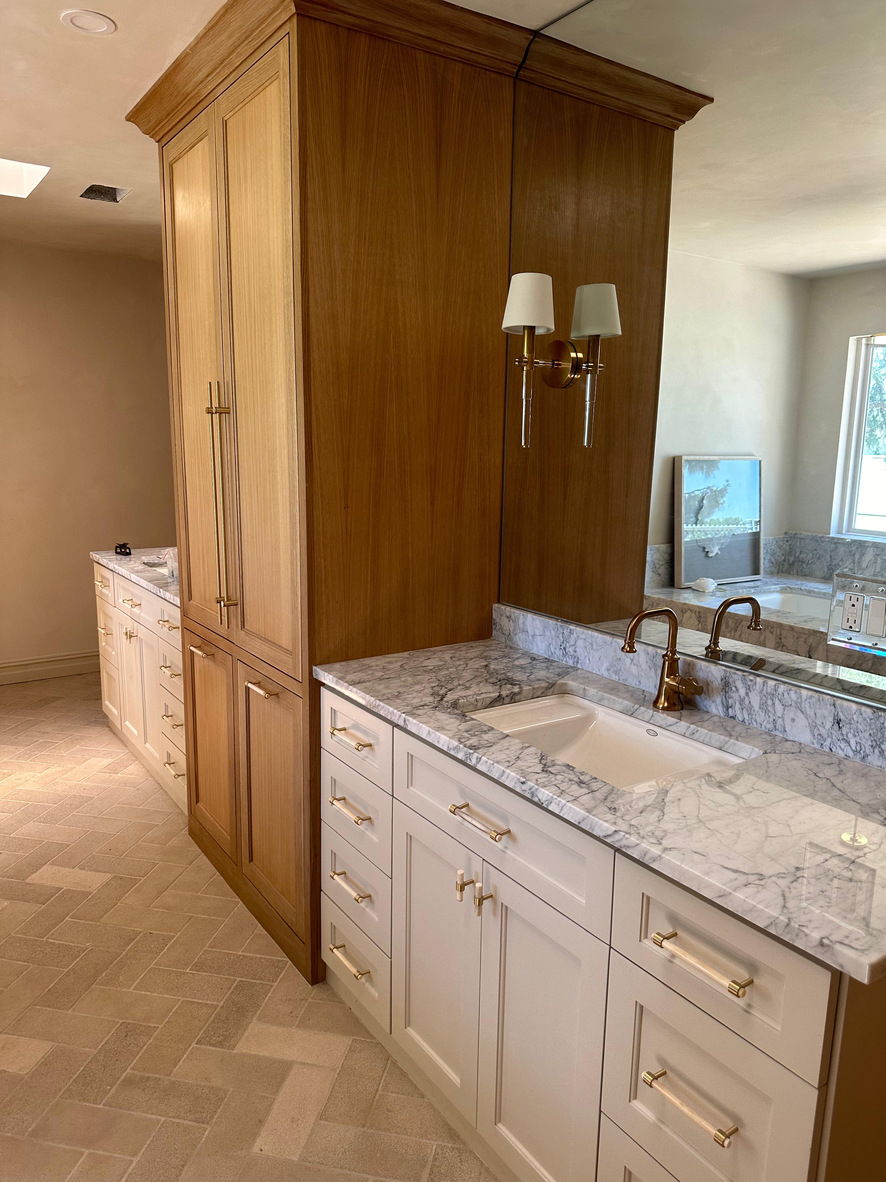 Custom bathroom vanity with slatted detail